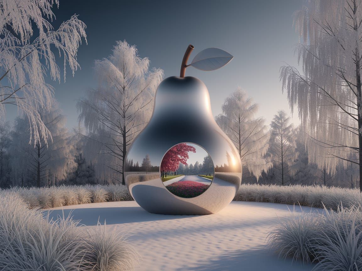 Surreal Pear Sculpture Unfolds in Vibrant Spring Scene