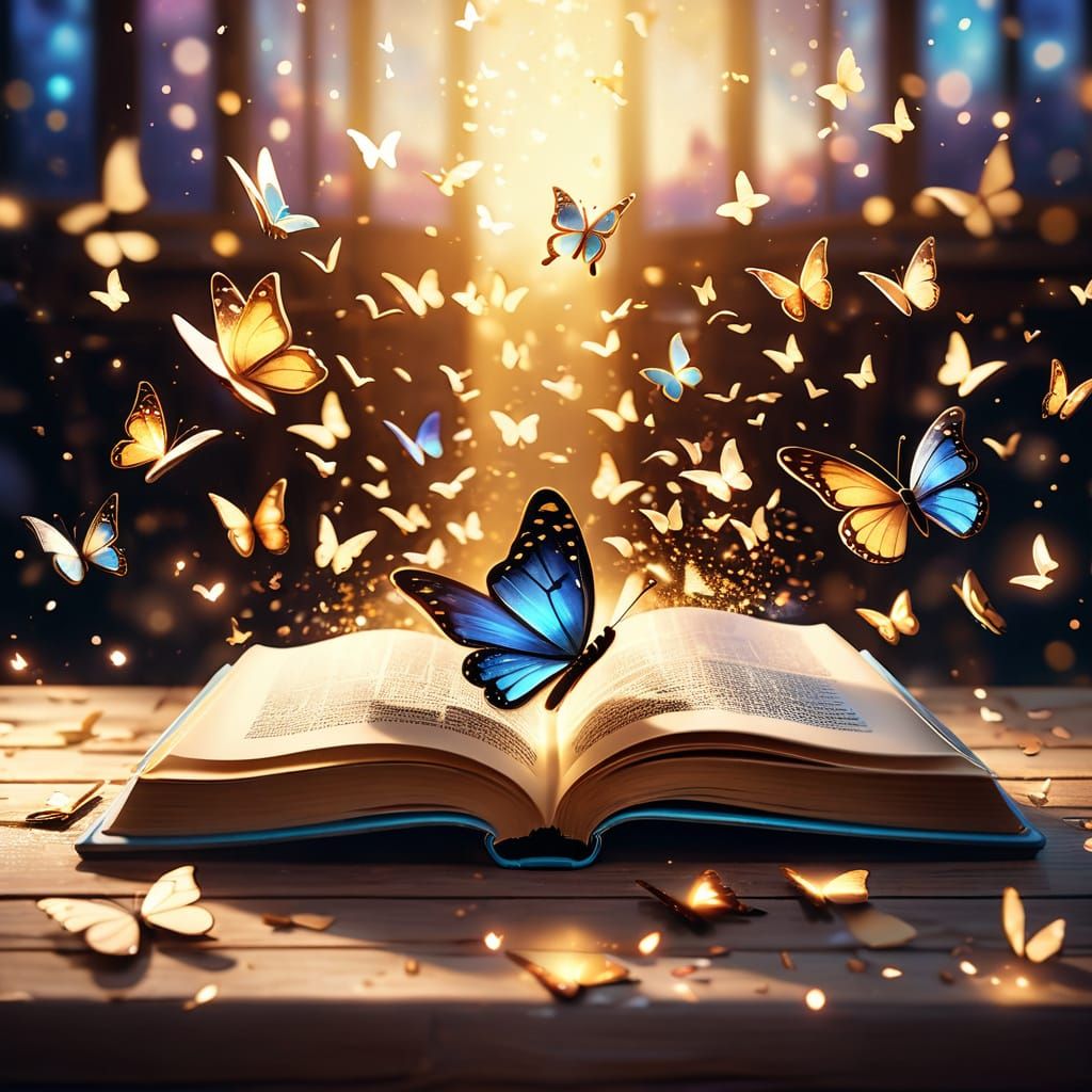 Butterflies Emerge From Open Book in Golden Light