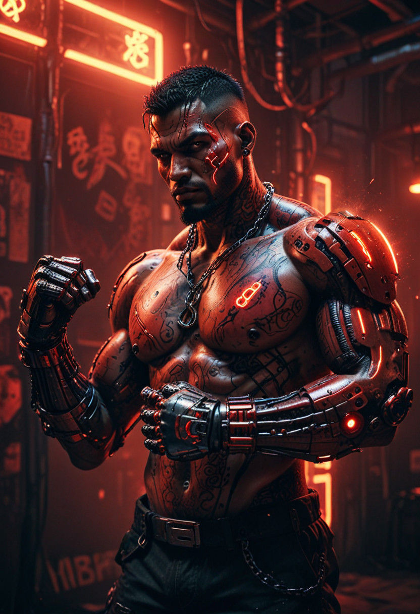 Robotic Boxer with Ominous Ink Stains and Scars in Neon-Glow...