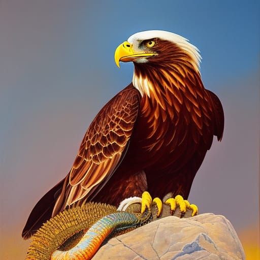 Majestic Eagle Captures Snake: Oil and Watercolor Painting