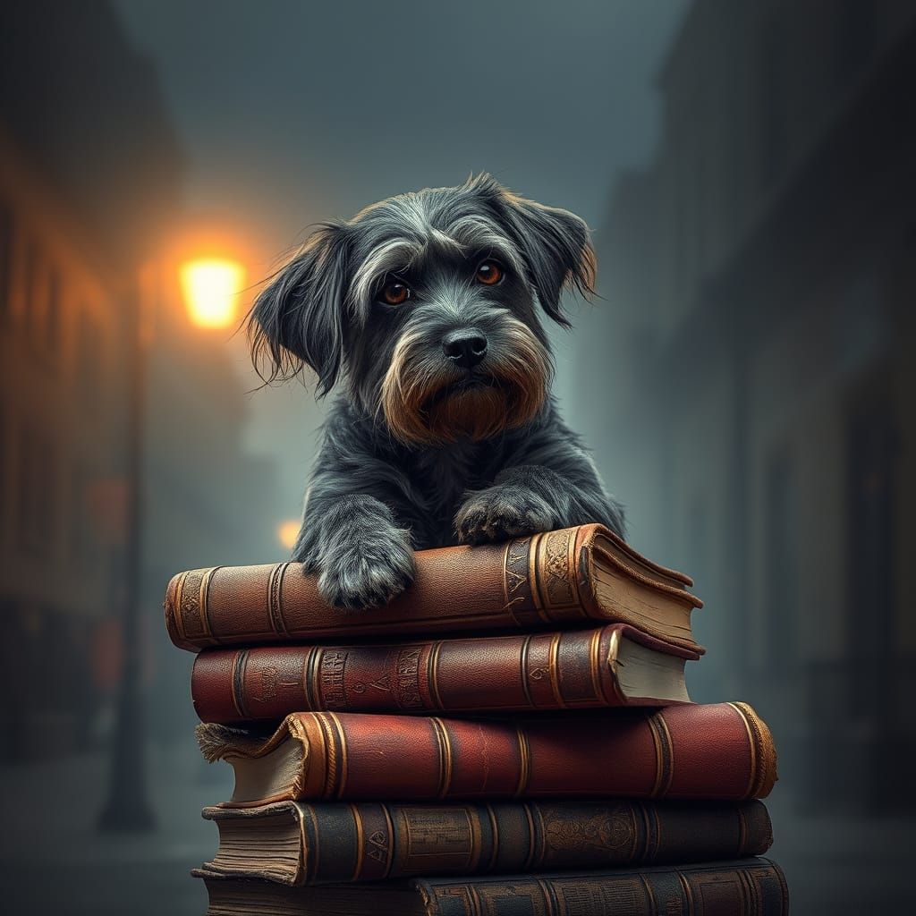 A forlorn, graying dog, with wispy fur and a tilted head, si...