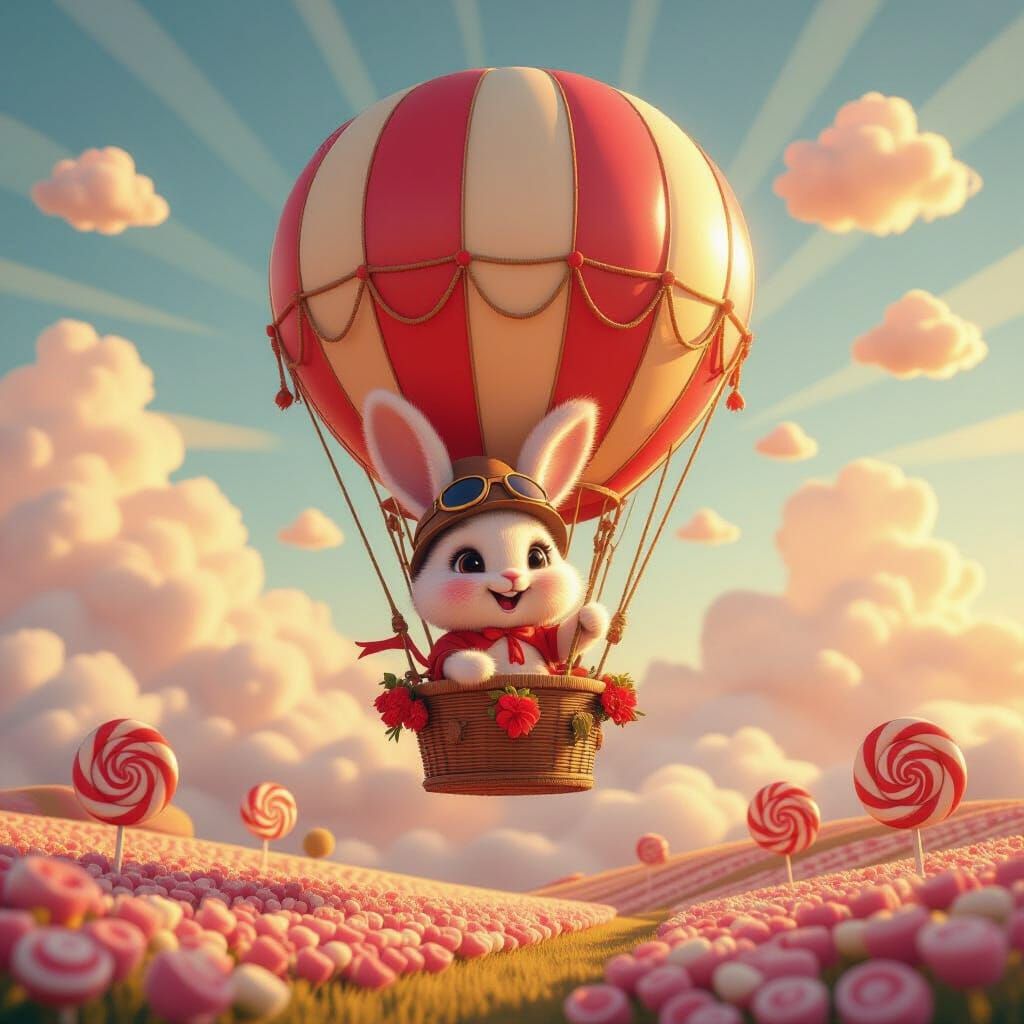 Bunny Pilot in Strawberry Balloon, Disney-Style 3D Art