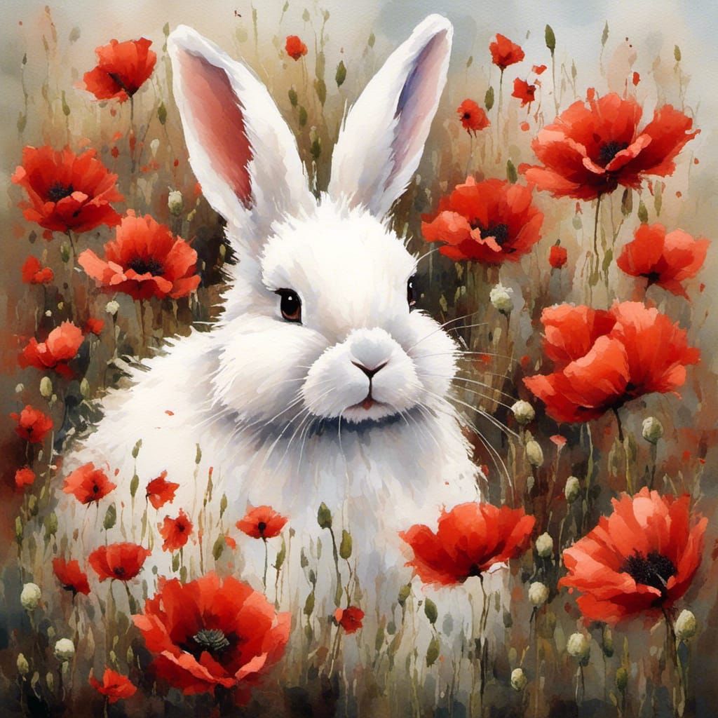 Whimsical Bunny in Poppies Watercolor Painting