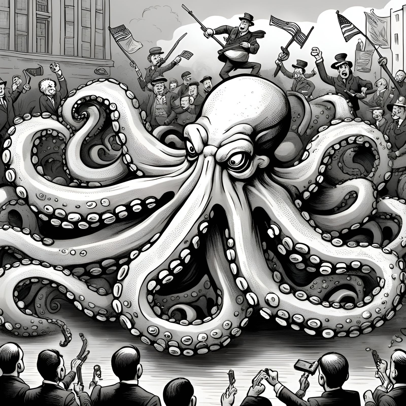 Cartoon People Attack Octopus Government