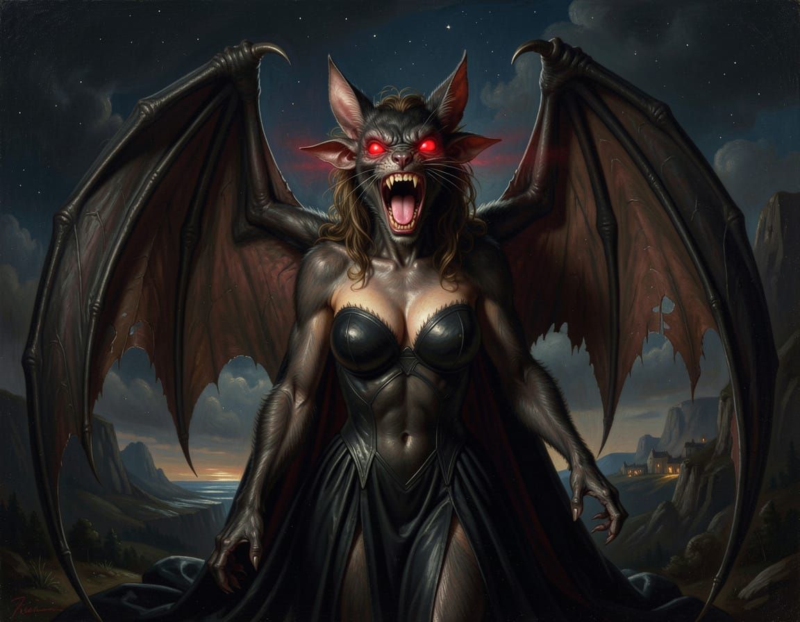 Glamorous Terrifying Bat-Woman Screeches at Night