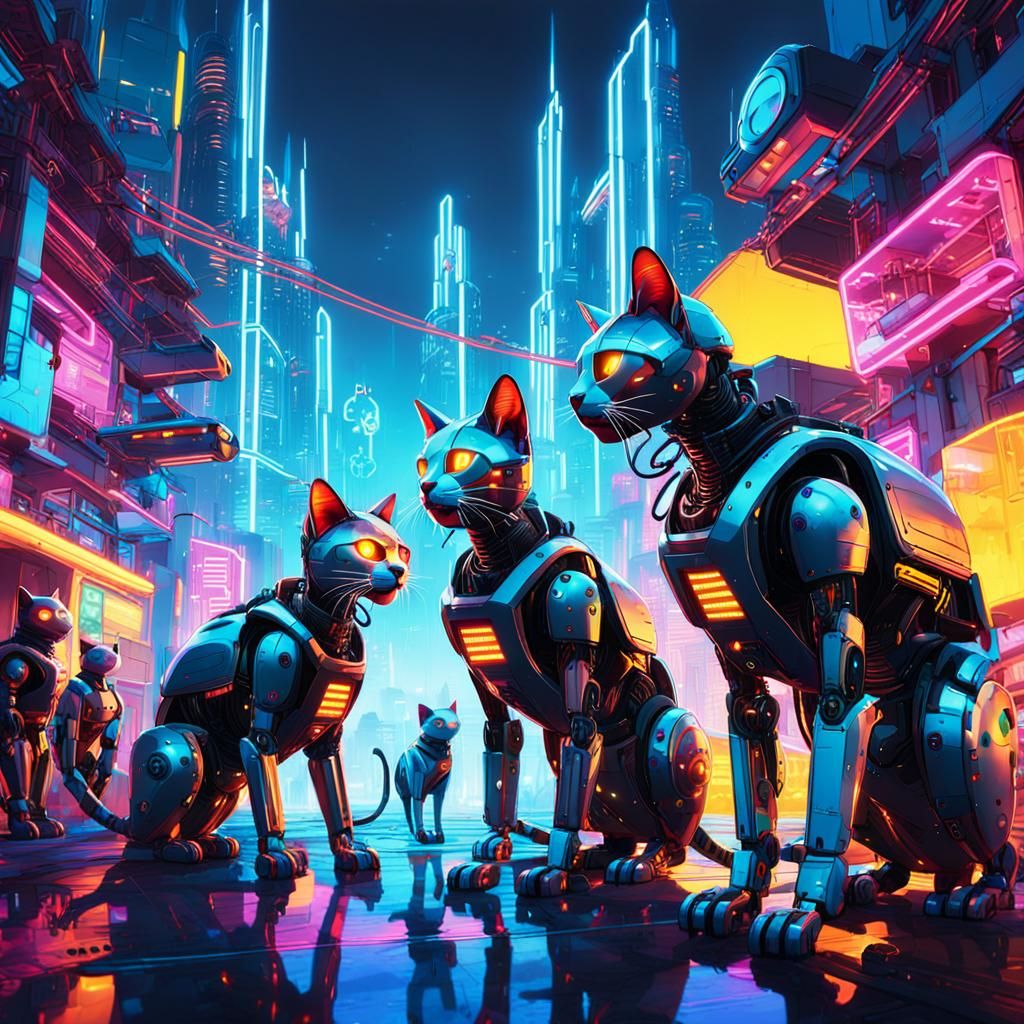 Gritty Cyberpunk Scene of Robot Cats in Conversation with Hu...