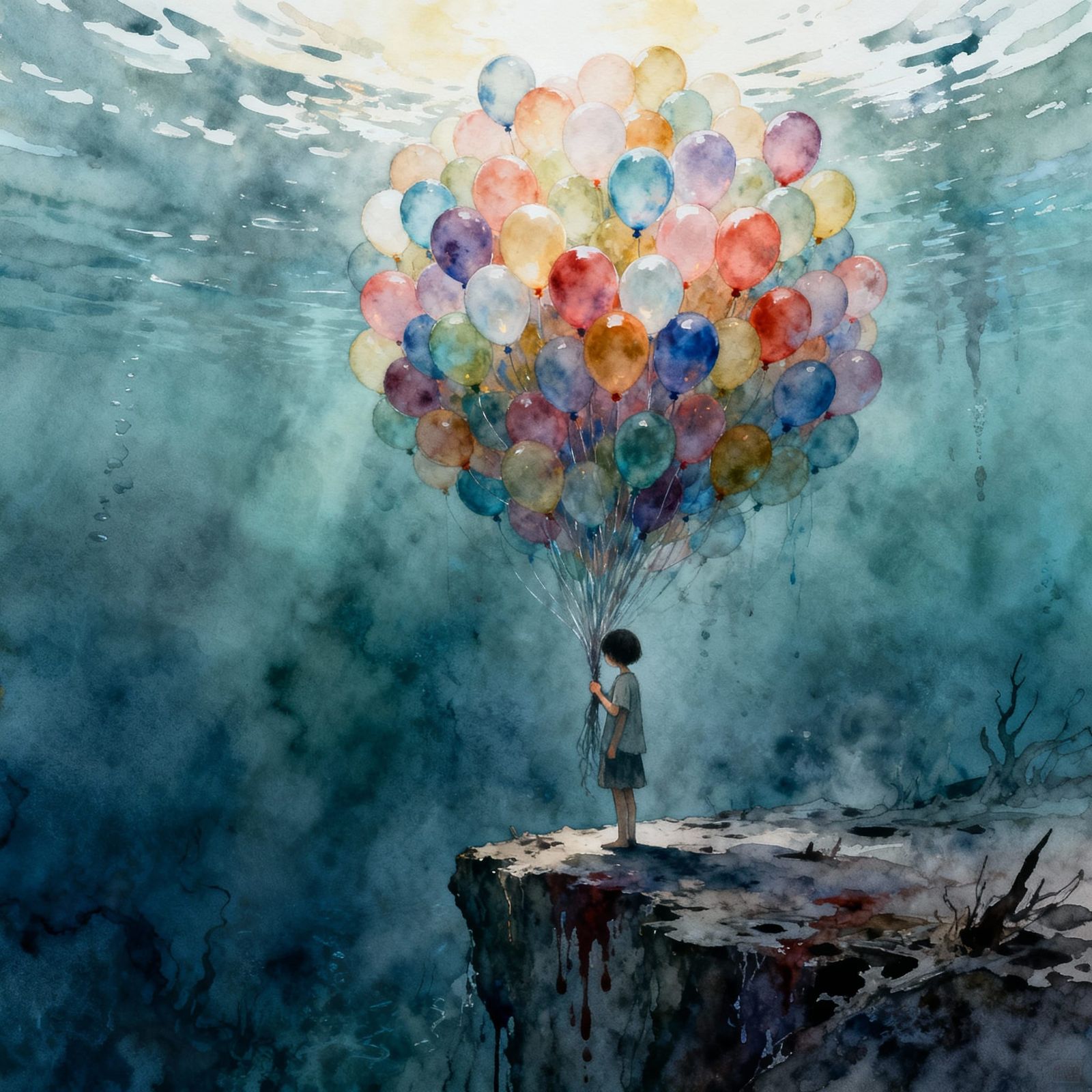 Child on Cliff with Balloons in Ethereal Watercolor Style