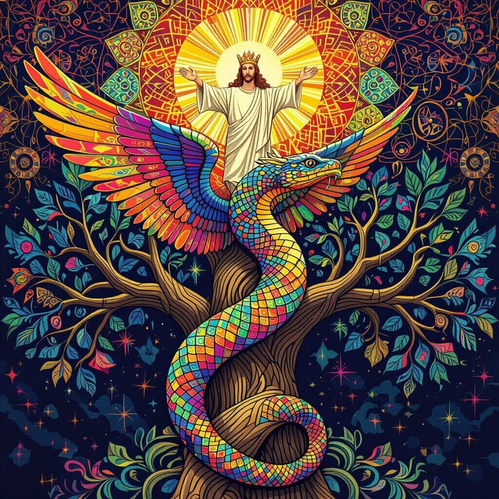 Winged Cosmic Serpent Climbing Tree of Life