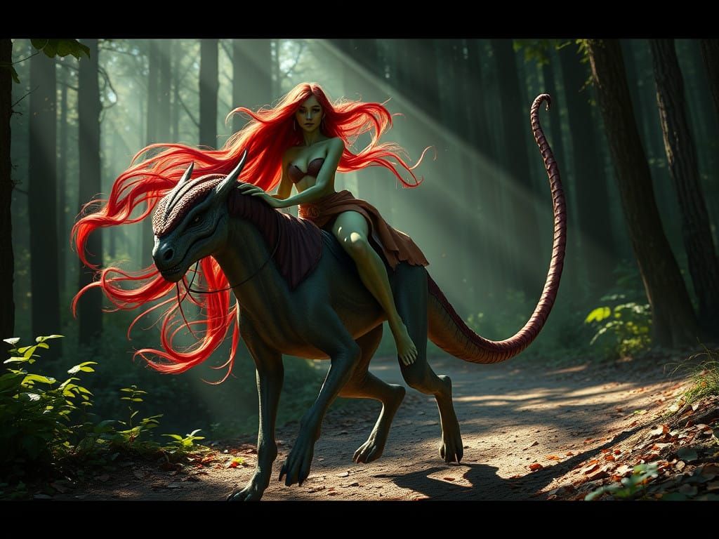 Fantastical Female Alien Rides Majestic Creature in Woodland...