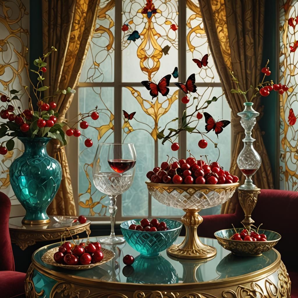 Art Nouveau Still Life with Cherries and Gold