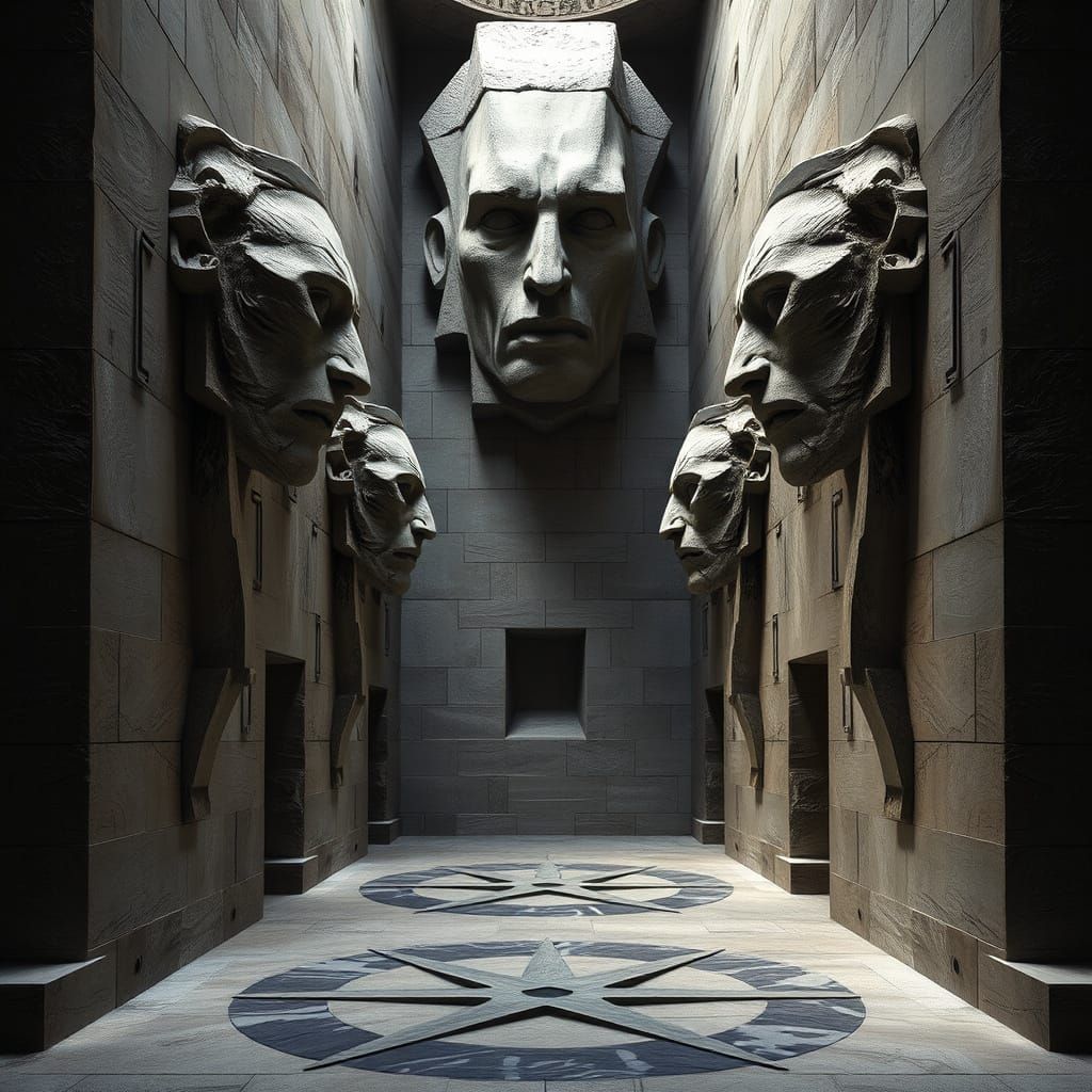 Cubist Brutalist Hallway with Distorted Statues and Intricat...