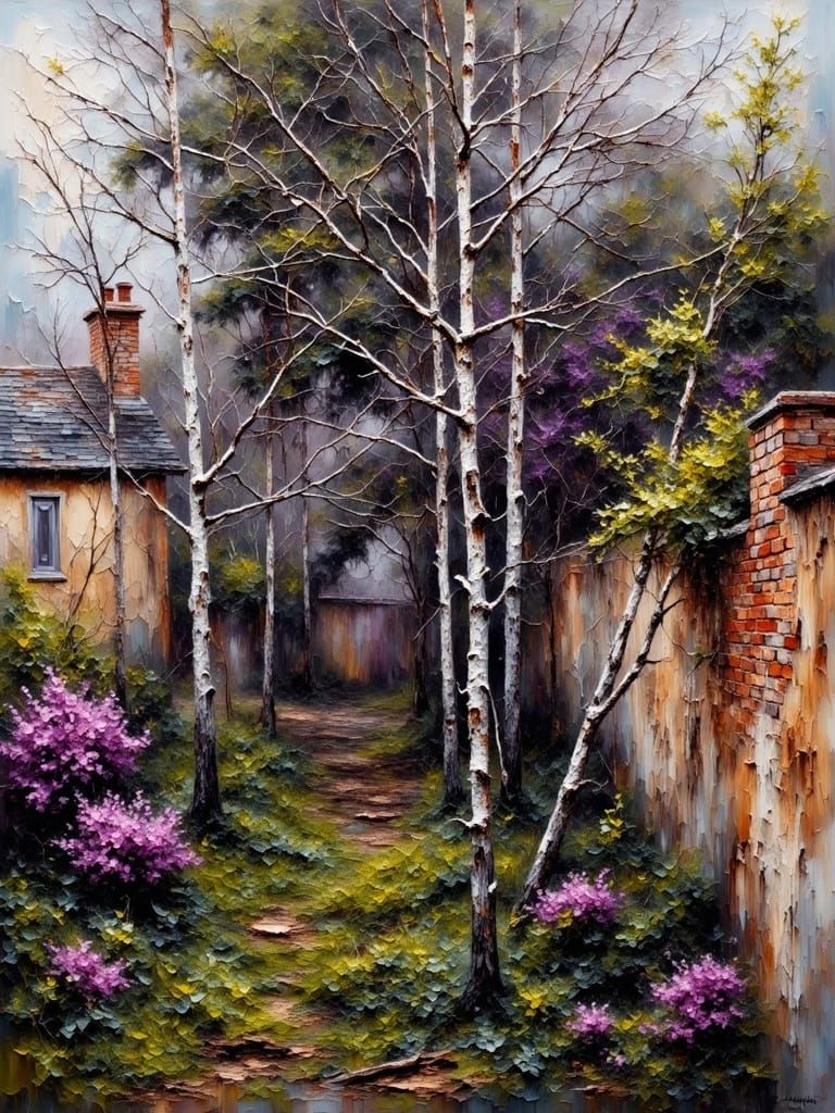 Forested Garden in Impasto Oil Painting Style