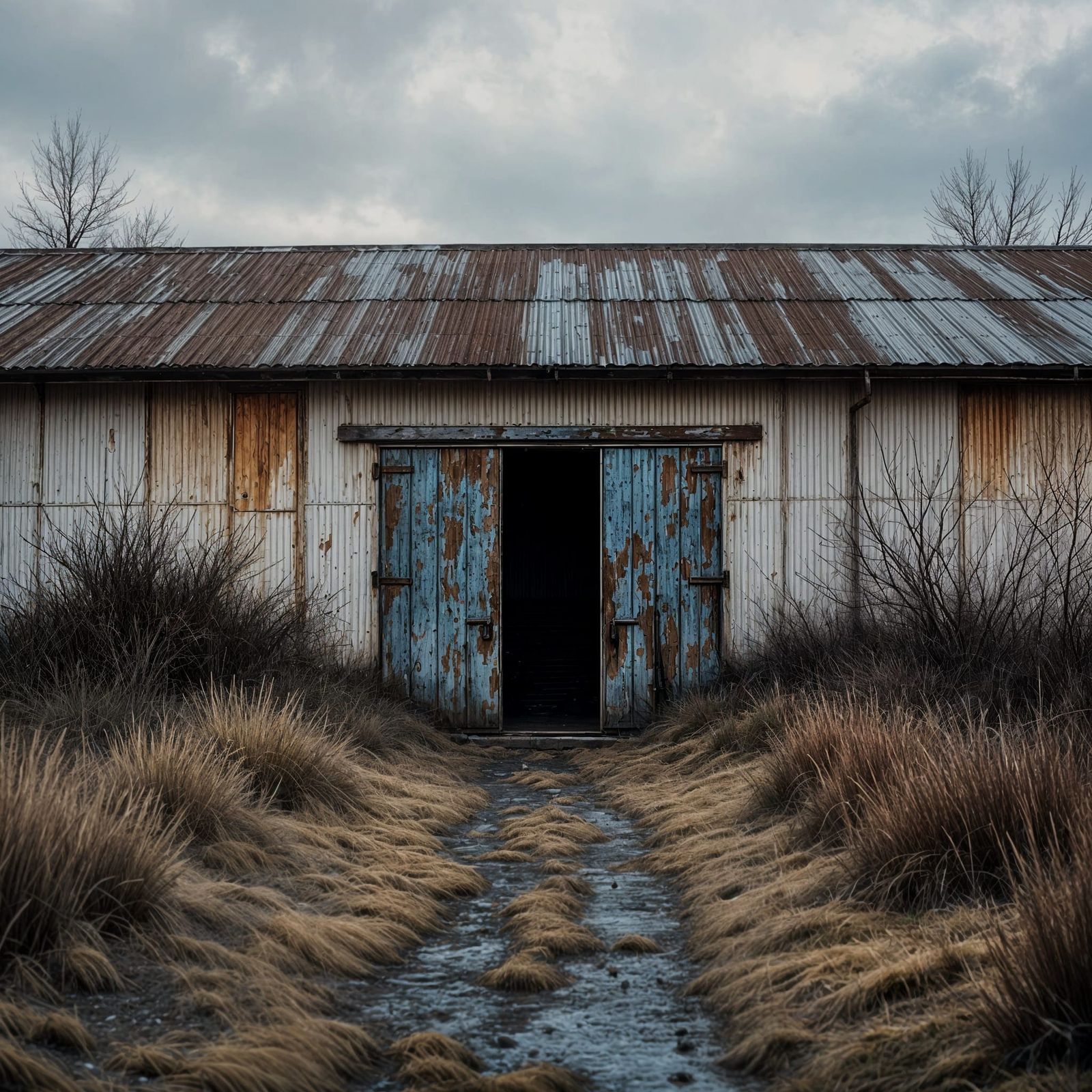 Weathered Industrial Building with Hidden Entrance in Winter...
