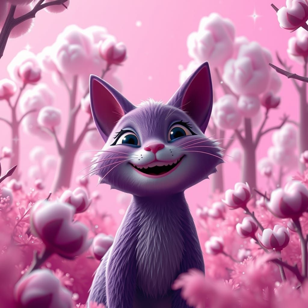 Whimsical Purple Cat in Pink Cotton Candy Forest