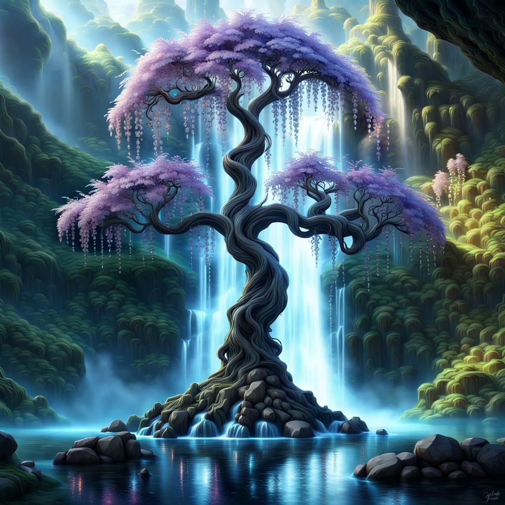 Magical Crystalline Tree Over Giant Waterfall