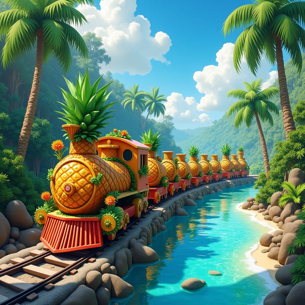 Pineapple Train in Tropical Paradise, Dreamlike Art