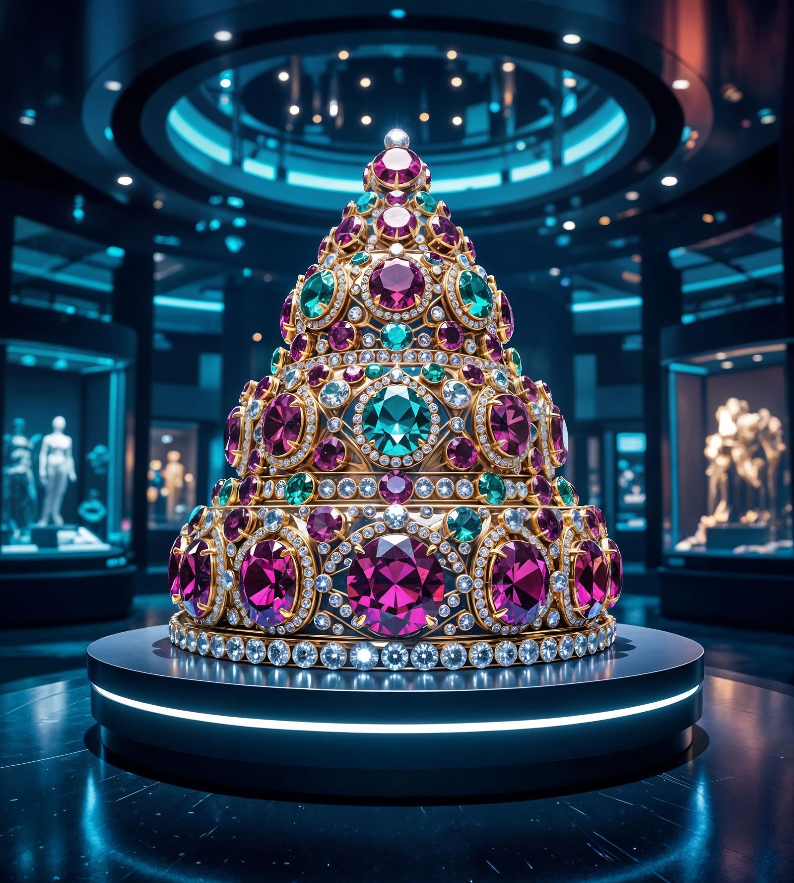 Gemstone Cake in Futuristic Museum: Digital Art