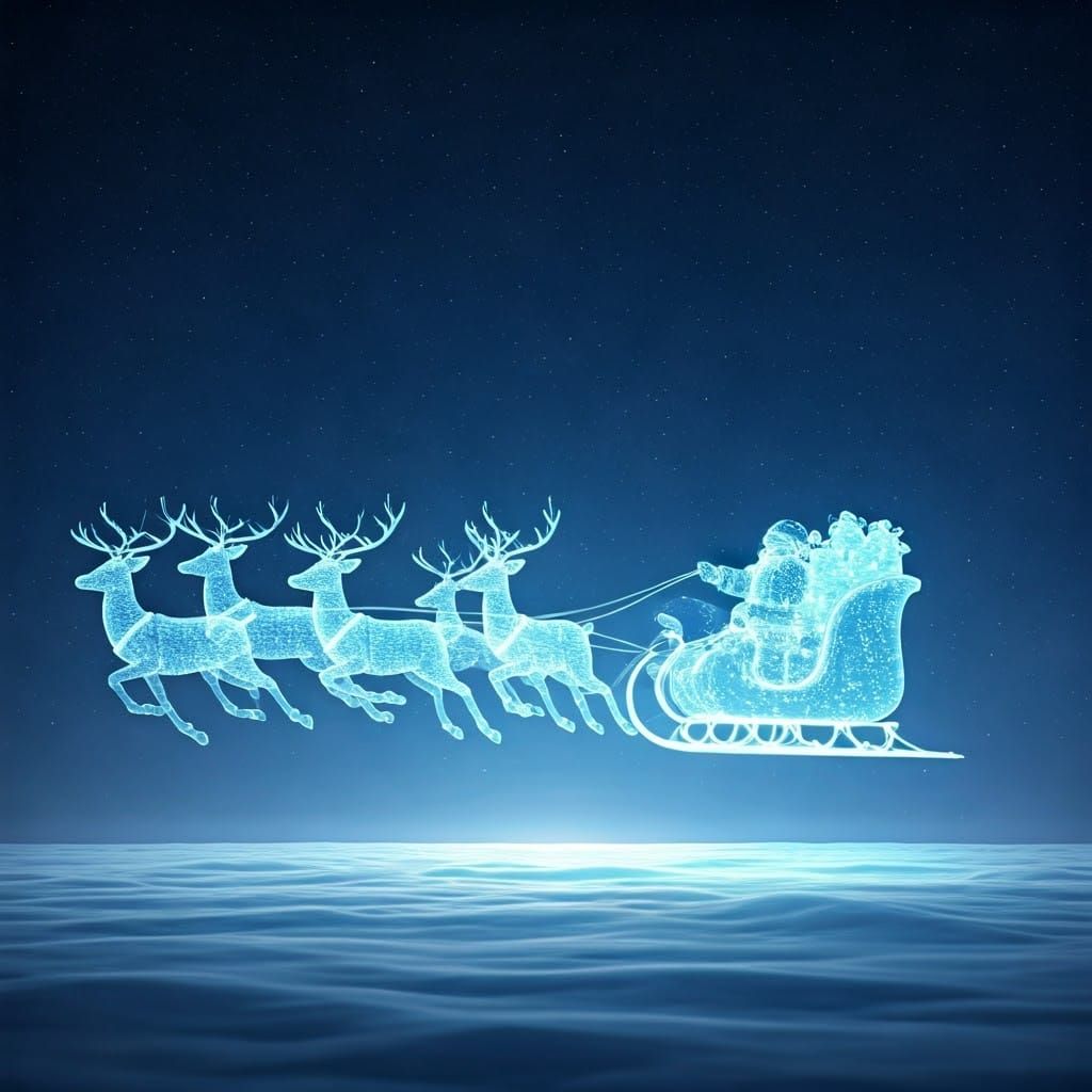 Cyberpunk Hologram Reindeer Pull Santa's Low-Poly Sleigh