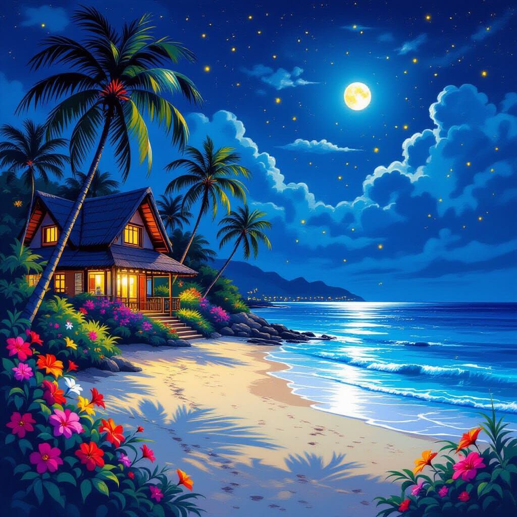 Tropical Beach House at Night in Hyperrealistic Airbrush Sty...