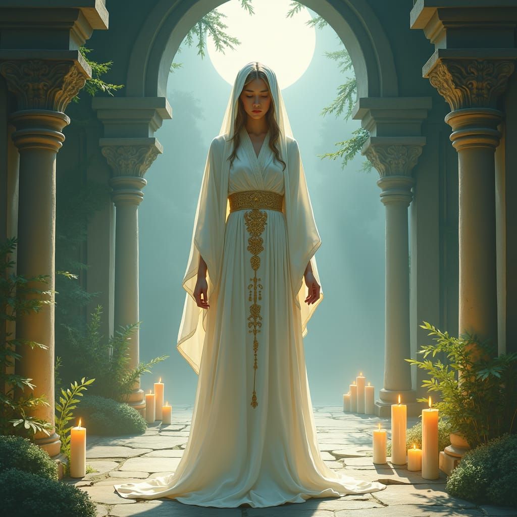 Ethereal Priestess in Moonlit Temple