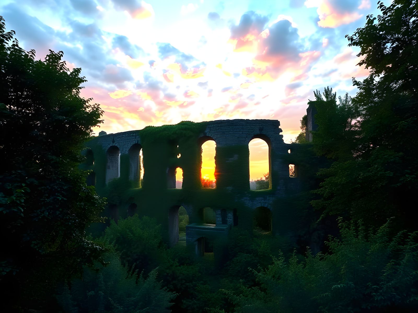 Ivy-Clad Brutalist Sunset: An Impressionist Vision