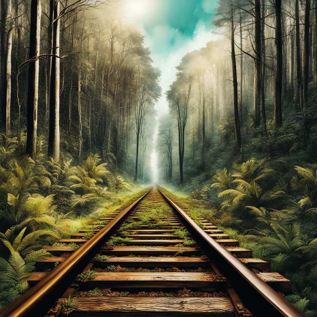 Abandoned Railroad in Forest: Surreal Collage Art