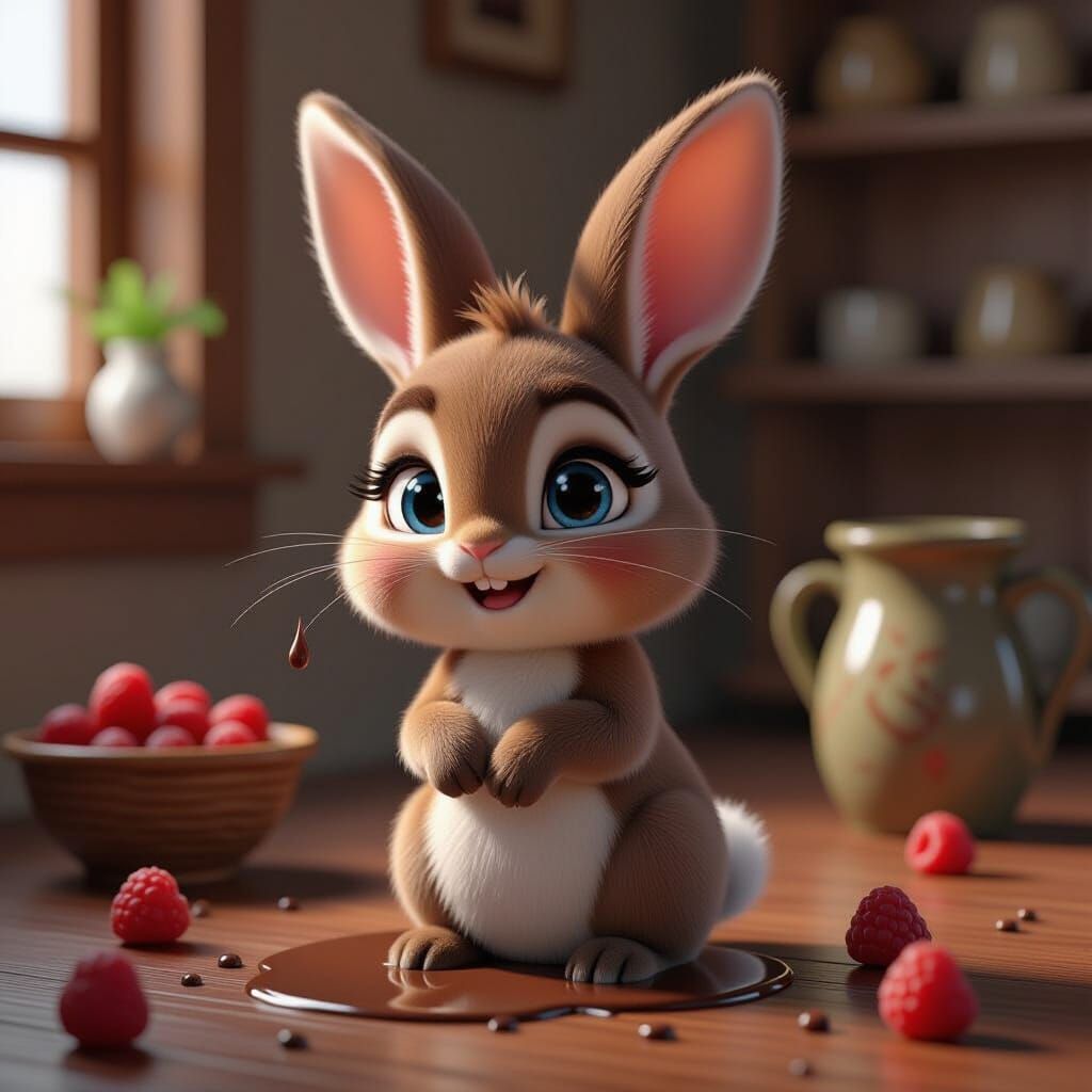 Chocolate Bunny Splashing Raspberry Drops, Anime 3D Art