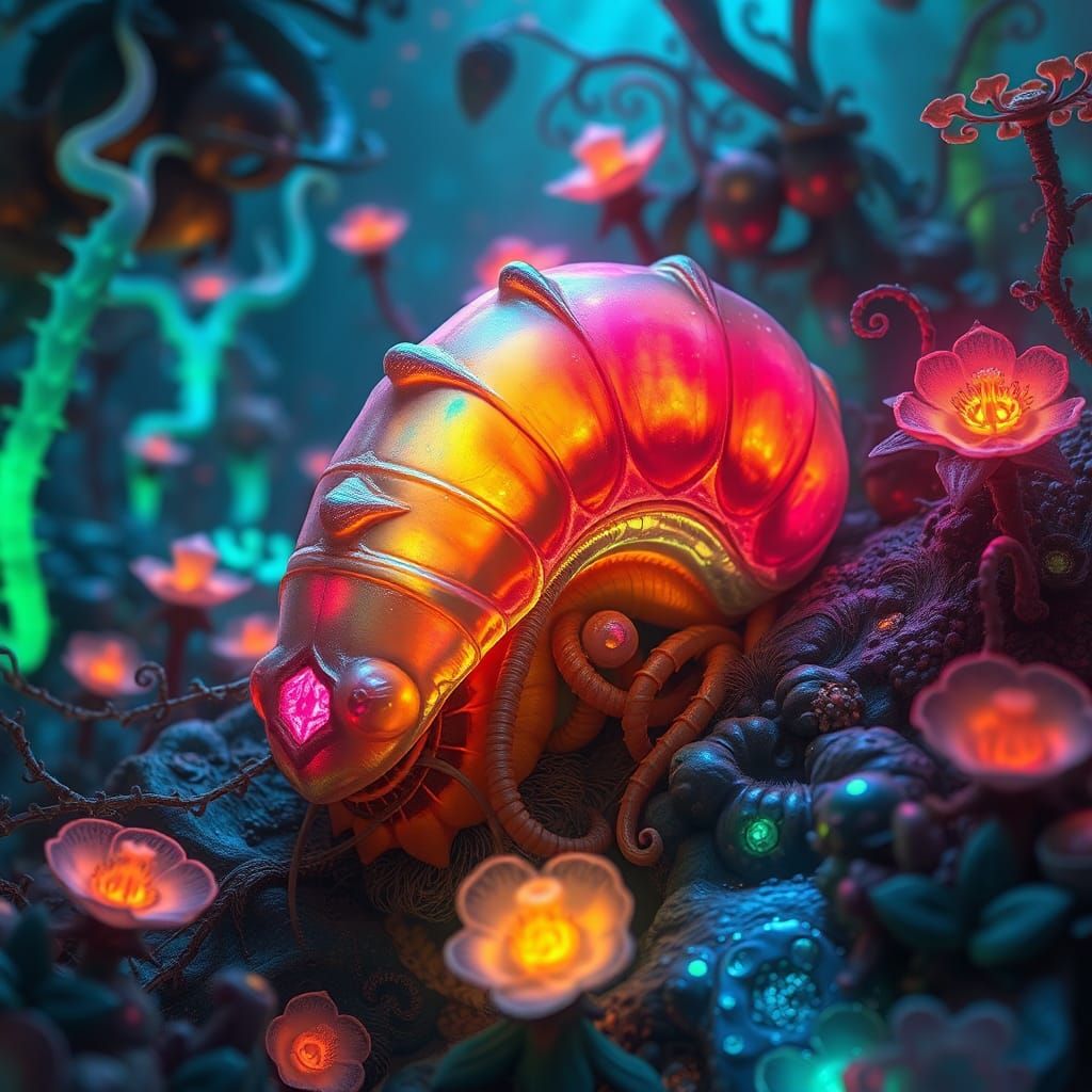 Iridescent Tardigrade in Bioluminescent Alien World