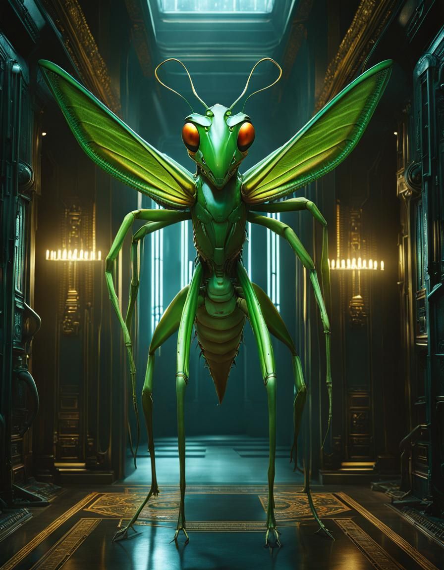 Bionic Praying Mantis Alien in Spaceship Corridor