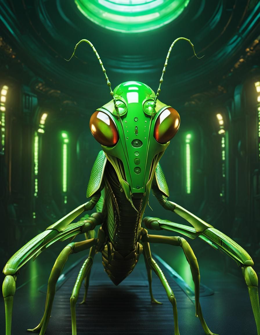 Bionic Praying Mantis Alien in Spaceship Corridor