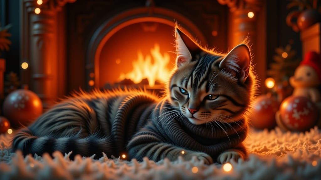 Cozy Cat by Winter Fireplace in Digital Painting Style