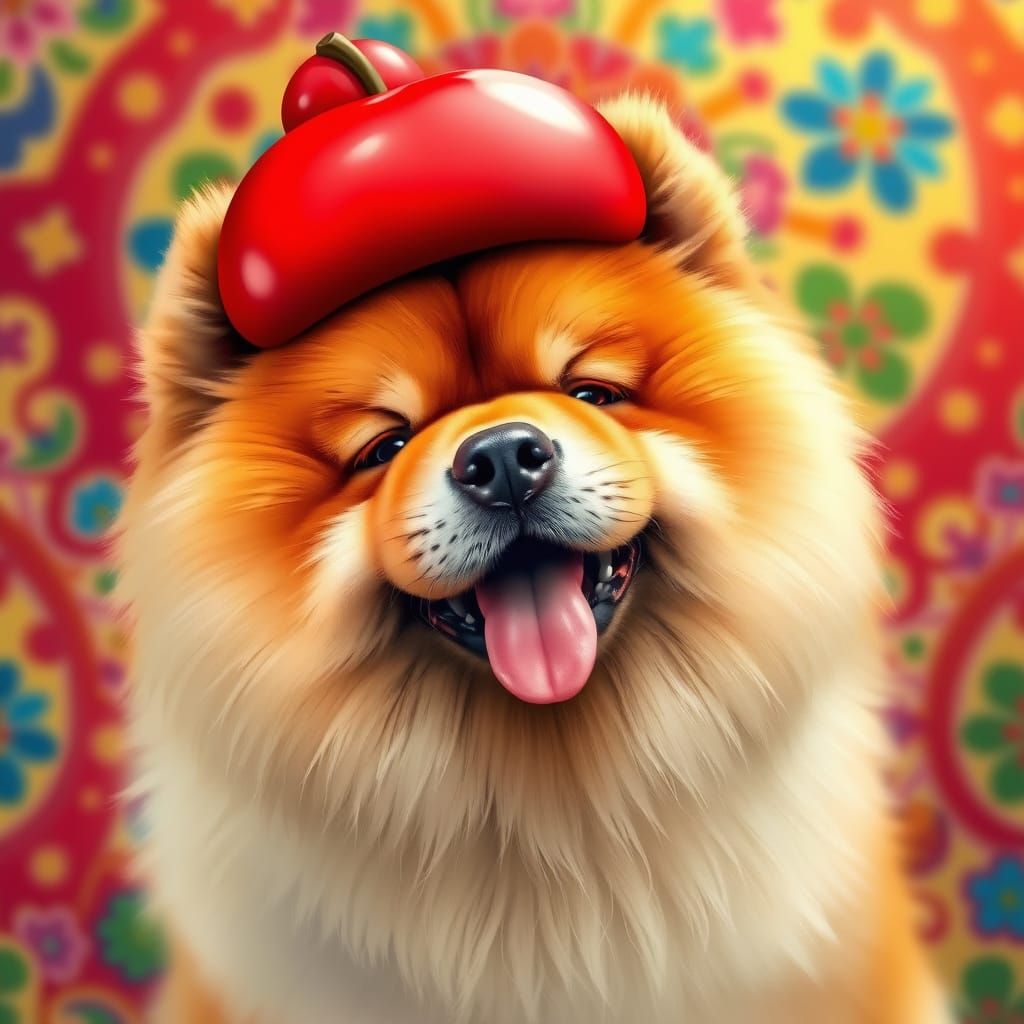 Whimsical Chow Chow in a Bright Red Apple Hat