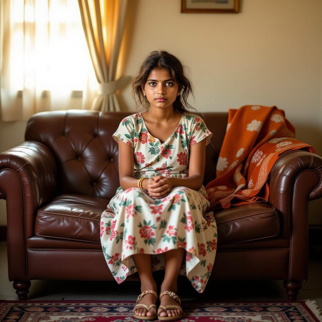 Dharavi Girl on Leather Sofa: Documentary-Style Portrait