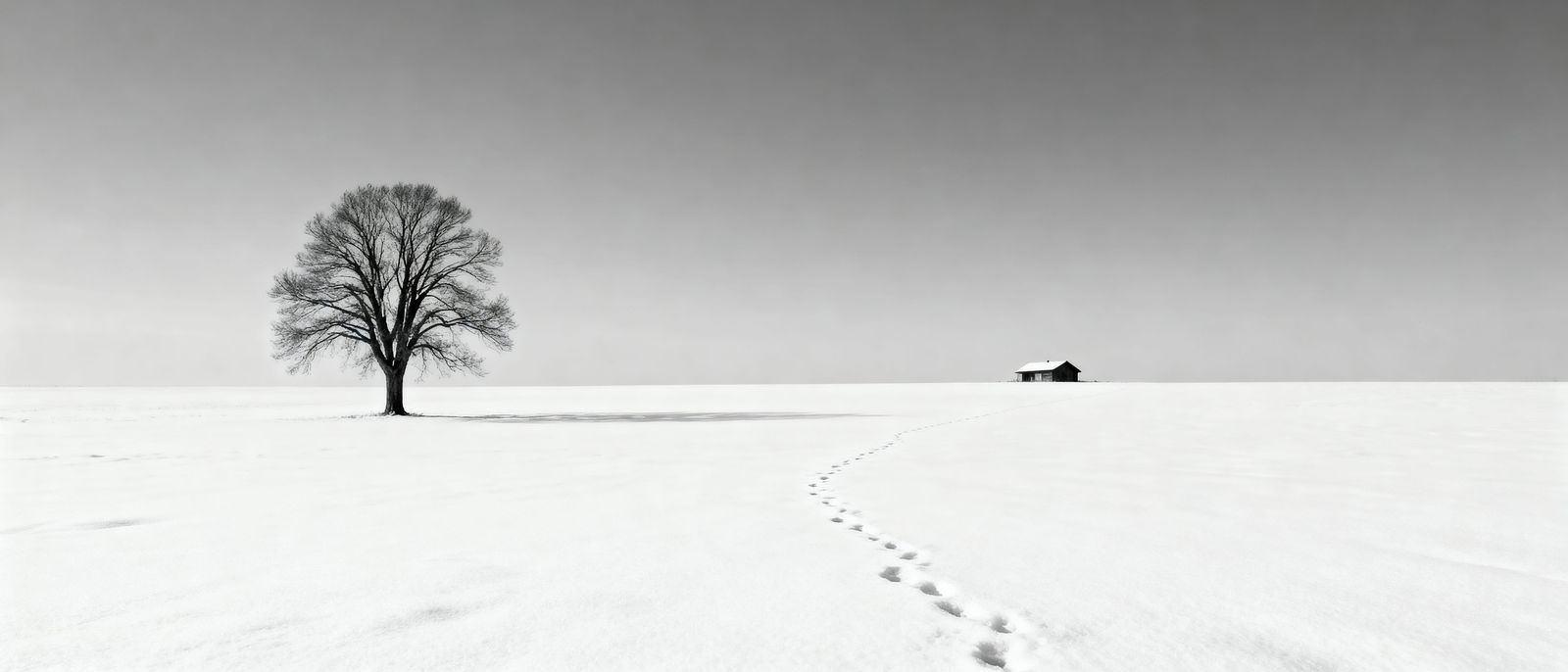 Solitary Winter Tree and Cabin in Minimalist Landscape