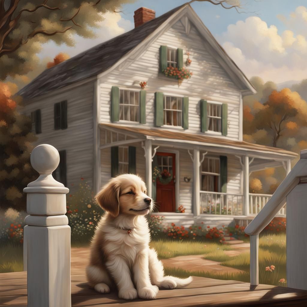 Charming Farmhouse Scene with Sleeping Puppy, Detailed Paint...
