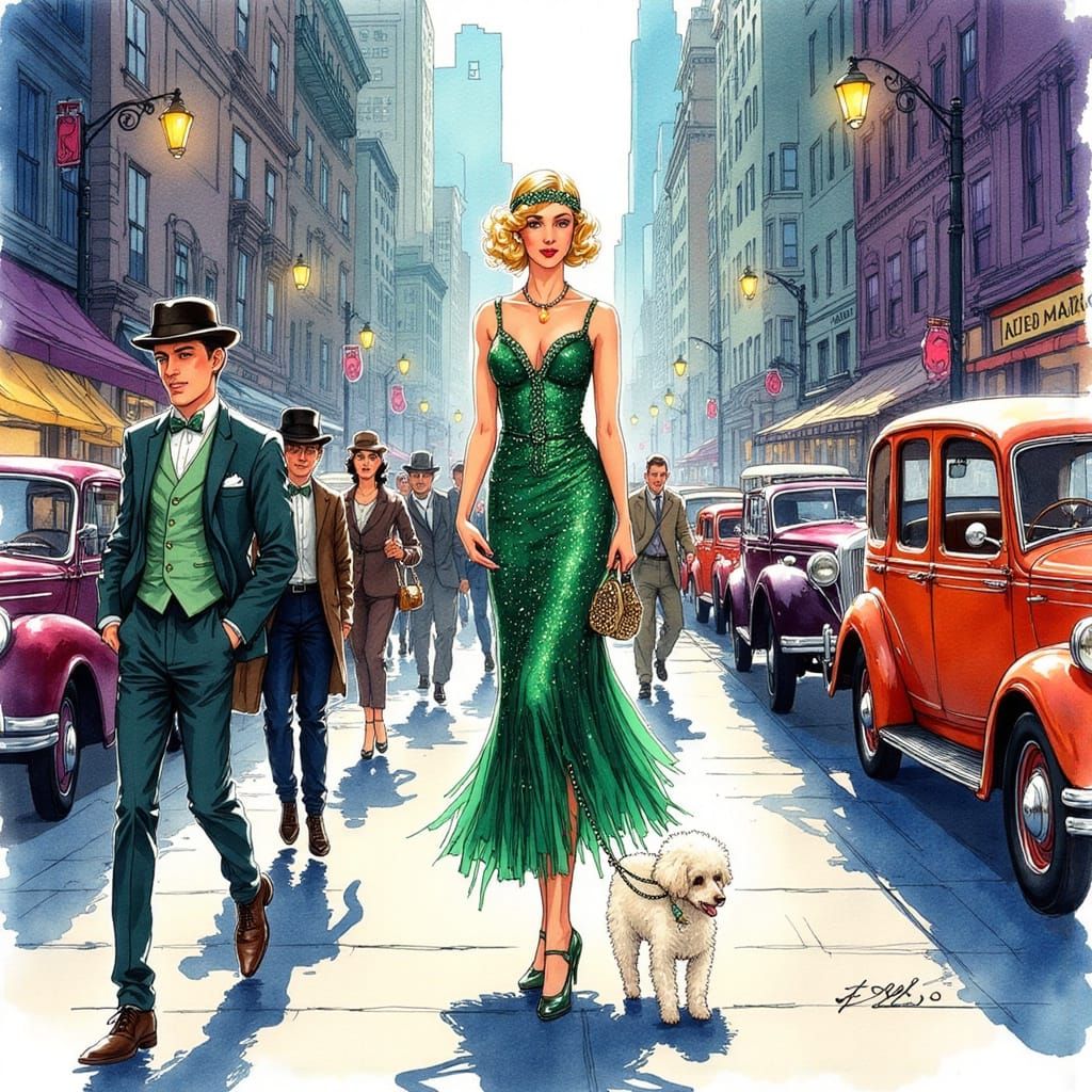 1920s Flapper with Poodle on Manhattan Street