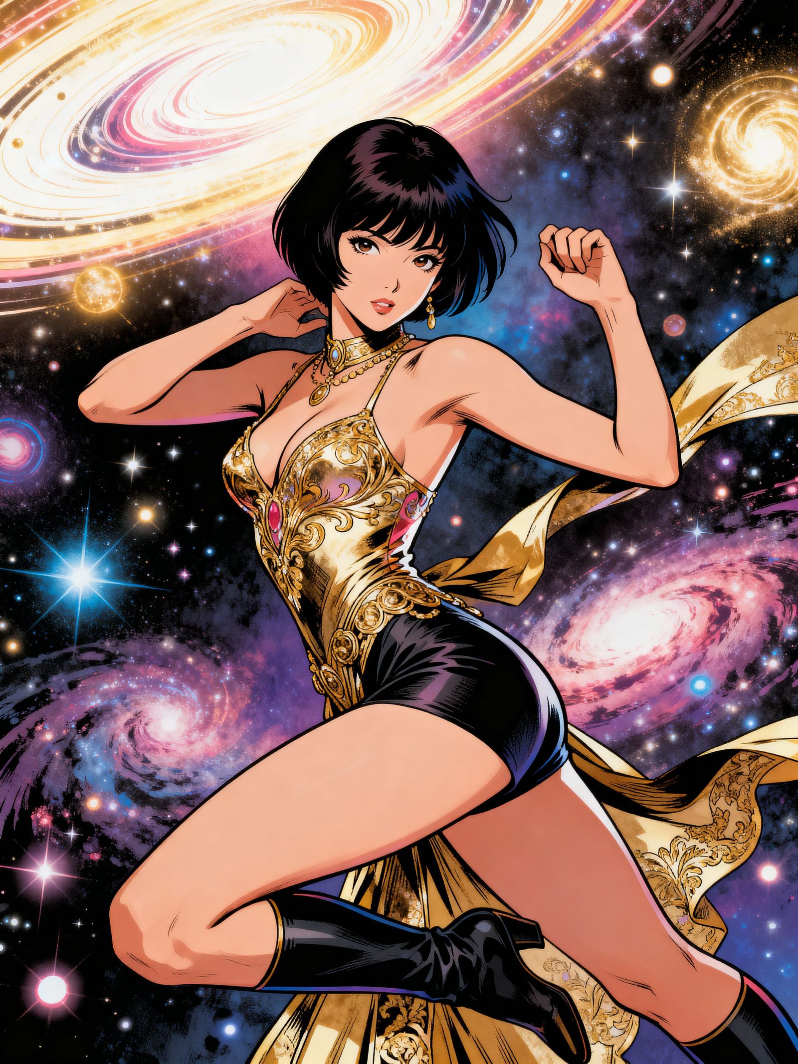 Powerful Japanese Woman in Cosmic Luxury, Bold Brushstrokes