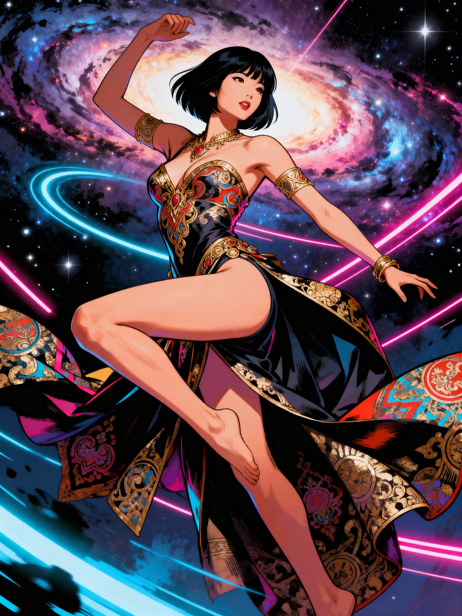 Powerful Woman in Dynamic Pose with Cosmic Energy