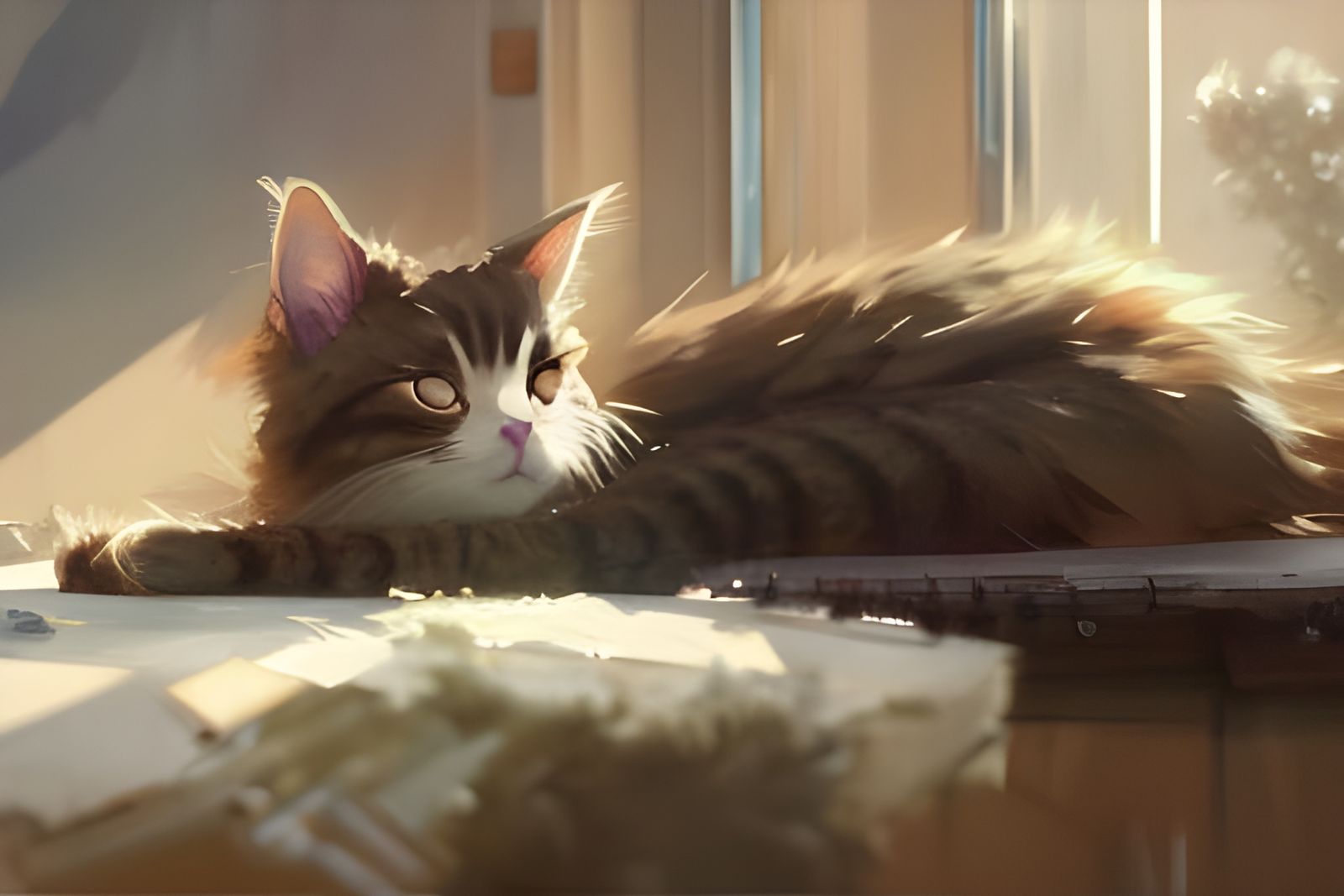 Sleeping Brown Cat in Anime Art Style
