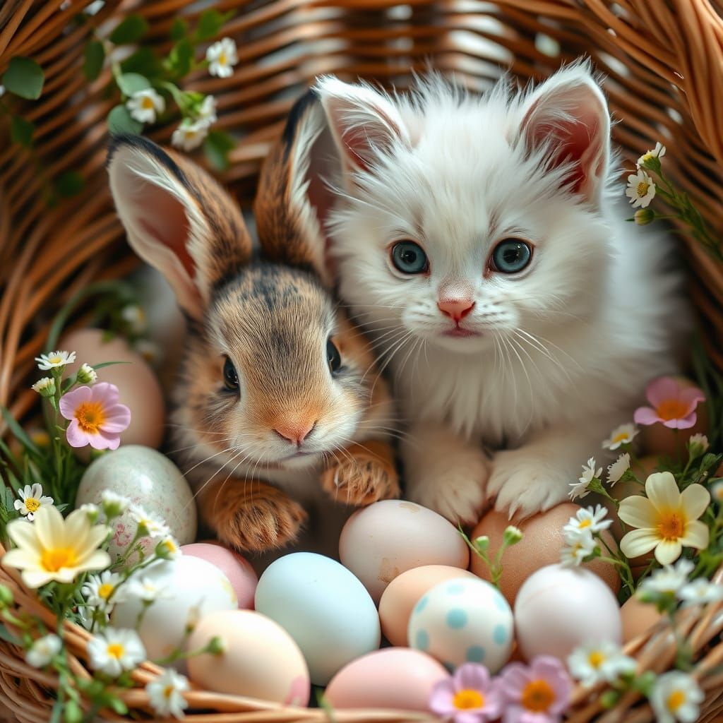 Whimsical Easter Basket Scene in Waterhouse Style