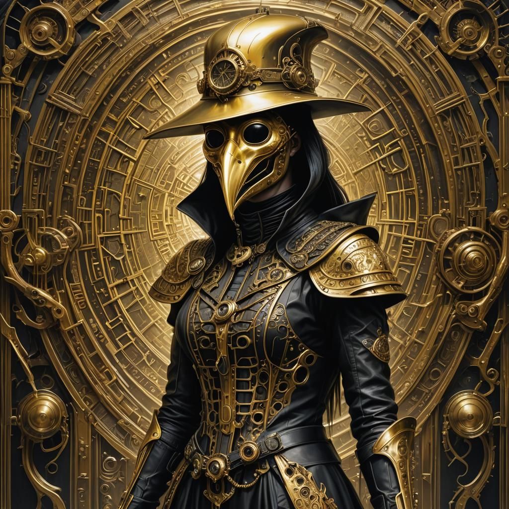 Hyperrealistic,  golden gothic cyberpunk plague doctor, conc...