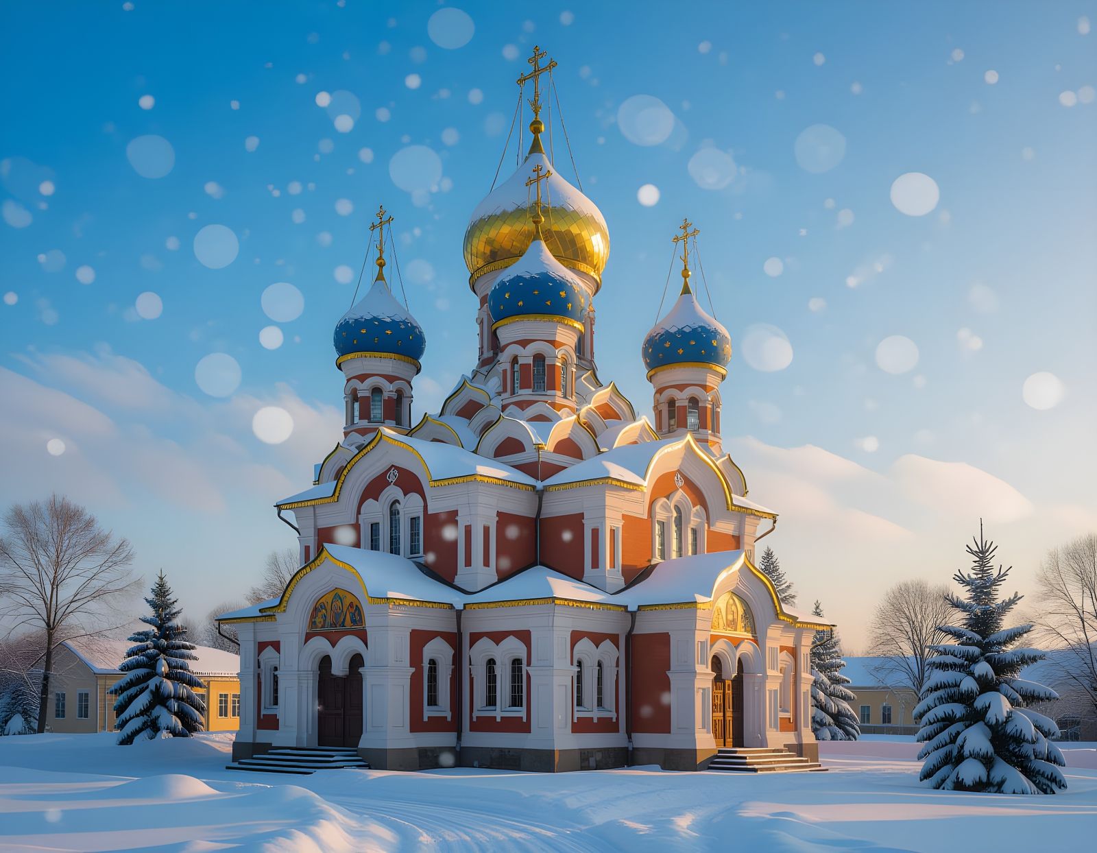 Snowy Cityscape Under Theotokos Protection