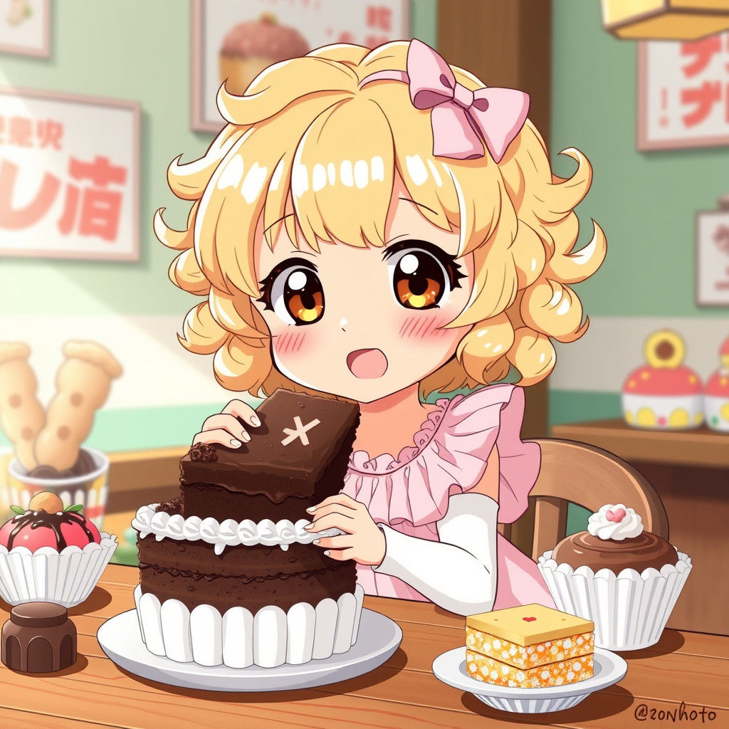 Anime Girl Enjoys Cake with Sweets, Bold Anime Style