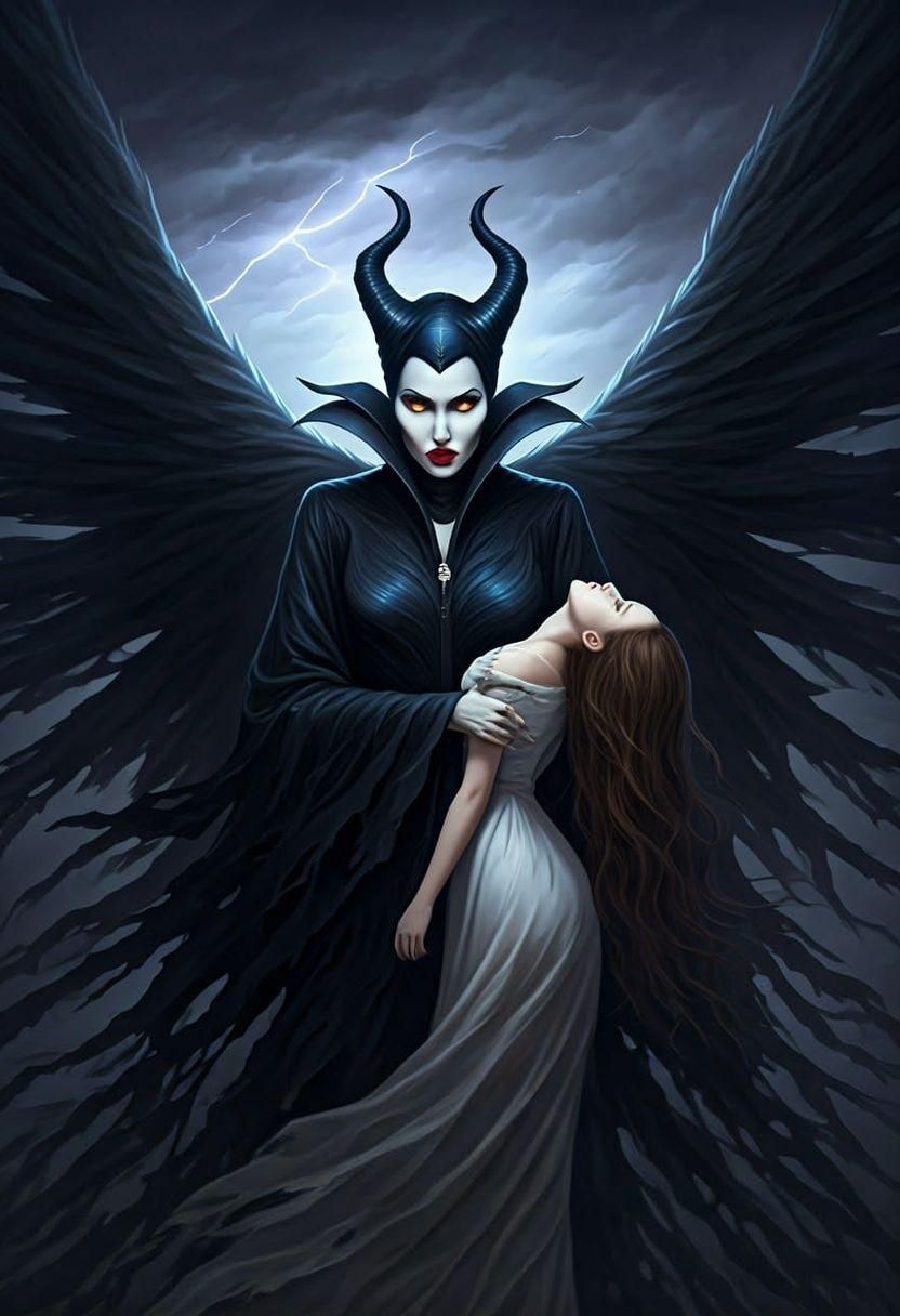 Maleficent in Flight Over Stormy Sky
