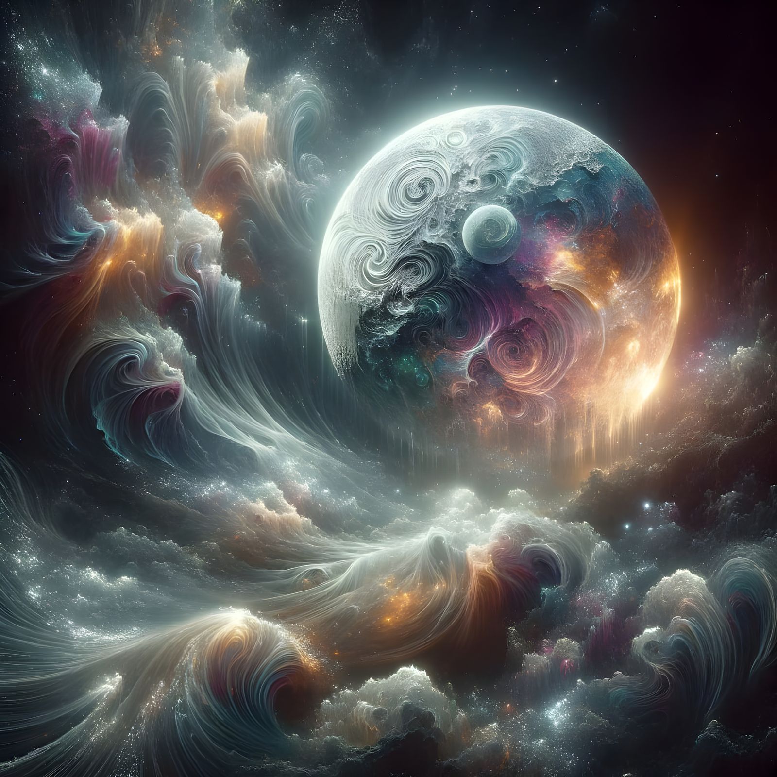Ghostly Moon Ascends from Shattered Planet in Celestial Scen...