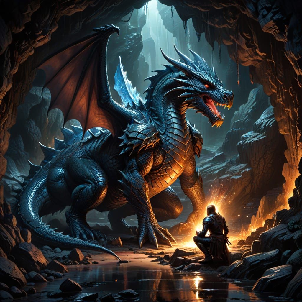 Knight Kneels Before Dragon in Cave Comic Art