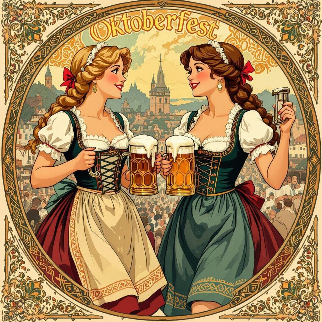 Oktoberfest Beer Maids in Art Nouveau Style