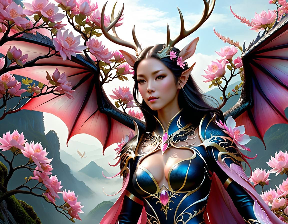 Dragon Woman with Antlers and Dragon Wings