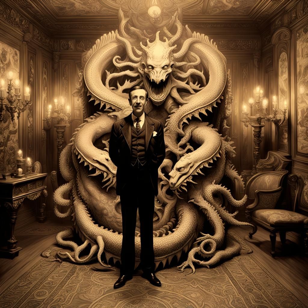 Lovecraft and Dagon: Victorian Cabinet Photo in Comic Style