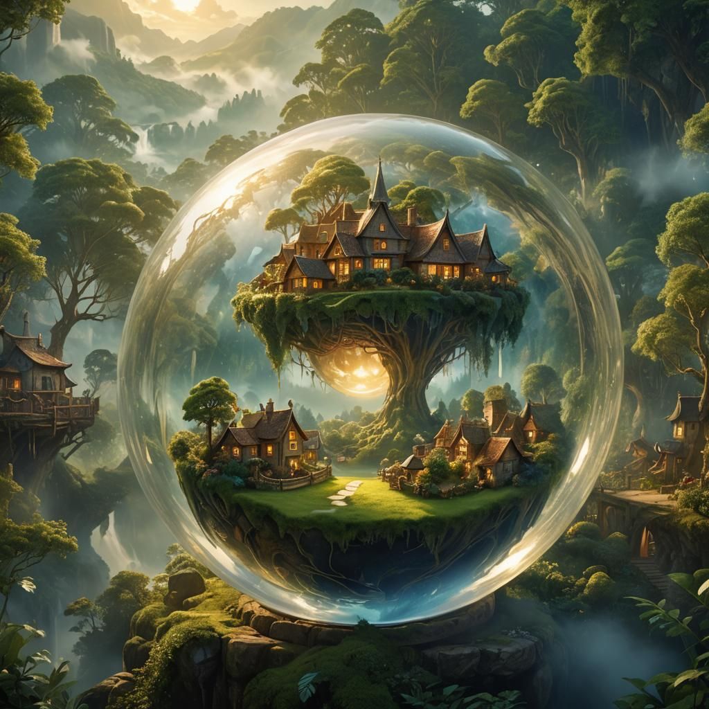 Village in Glass Sphere: Dreamlike Matte Painting